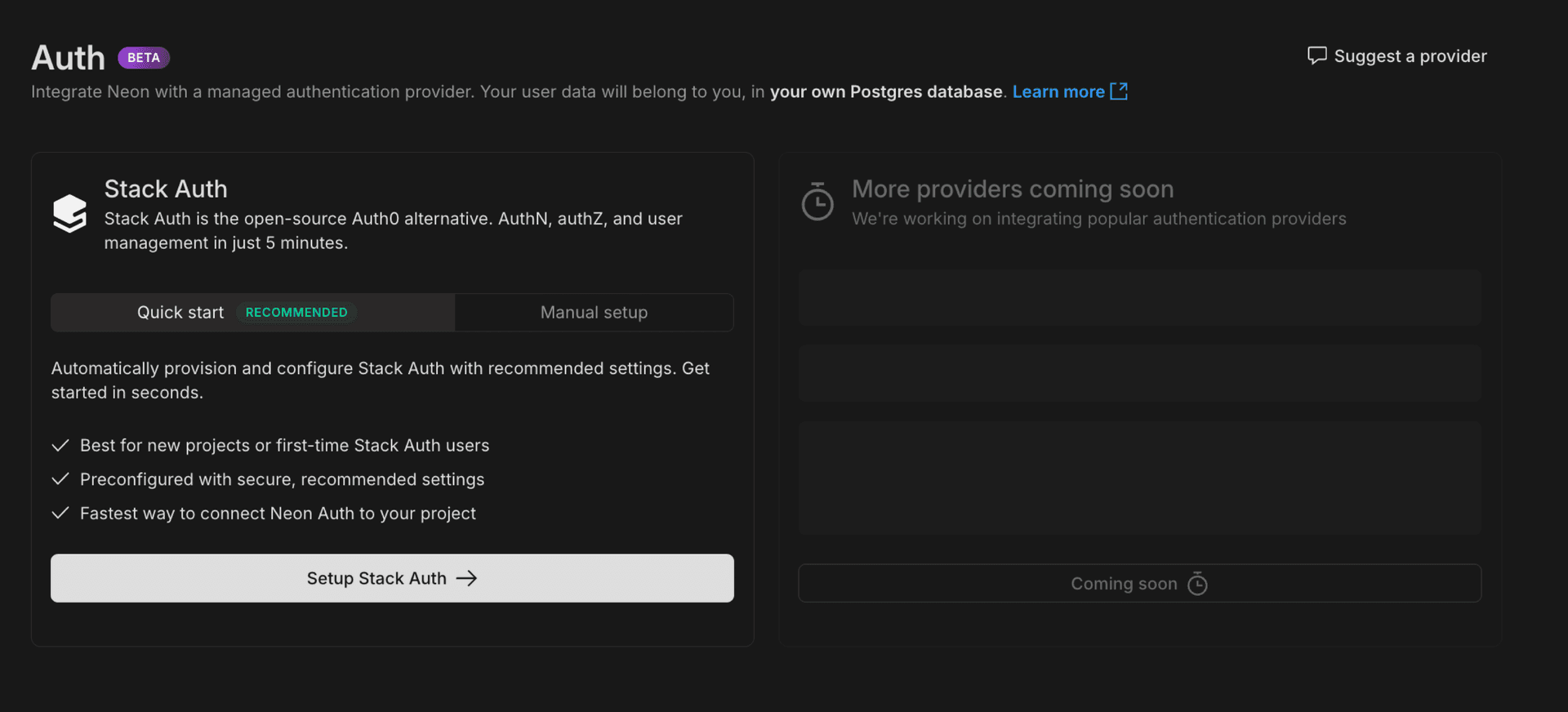 Neon Auth Quick Start setup screen